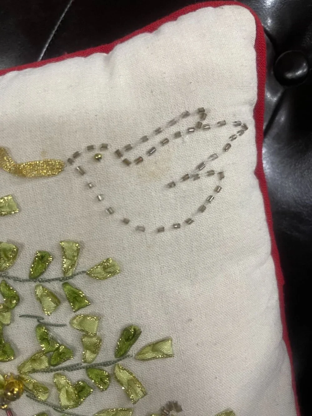 Christmas Tree Ribbon Embroidered Beaded Holiday Accent Pillow 10x10